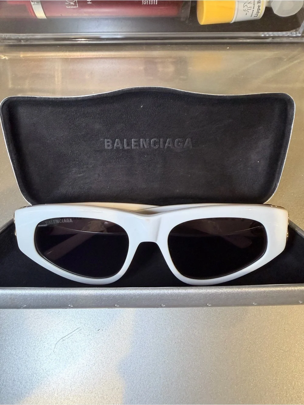 Balenciaga White Slim Cat-Eye Sunglasses with Black Lenses